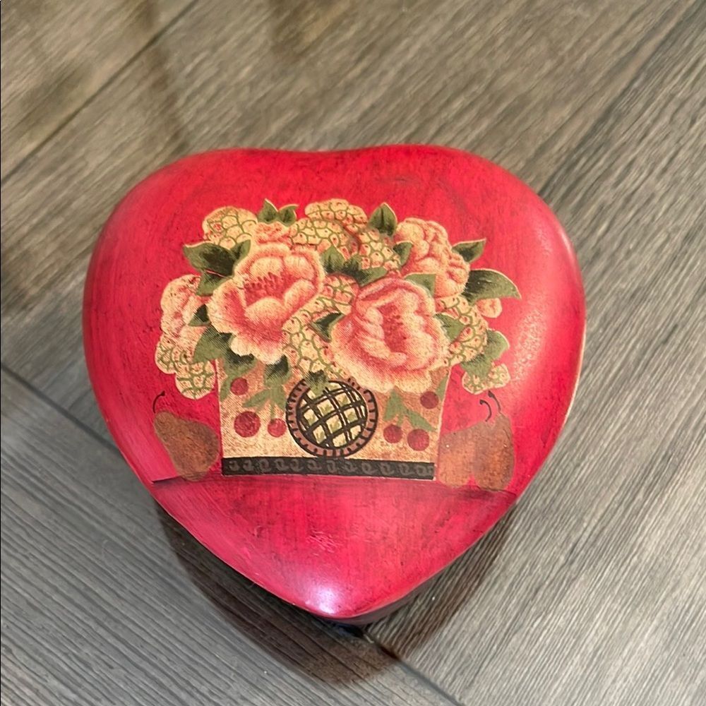 Vintage Red Ceramic Heart Shaped Trinket Box, Floral